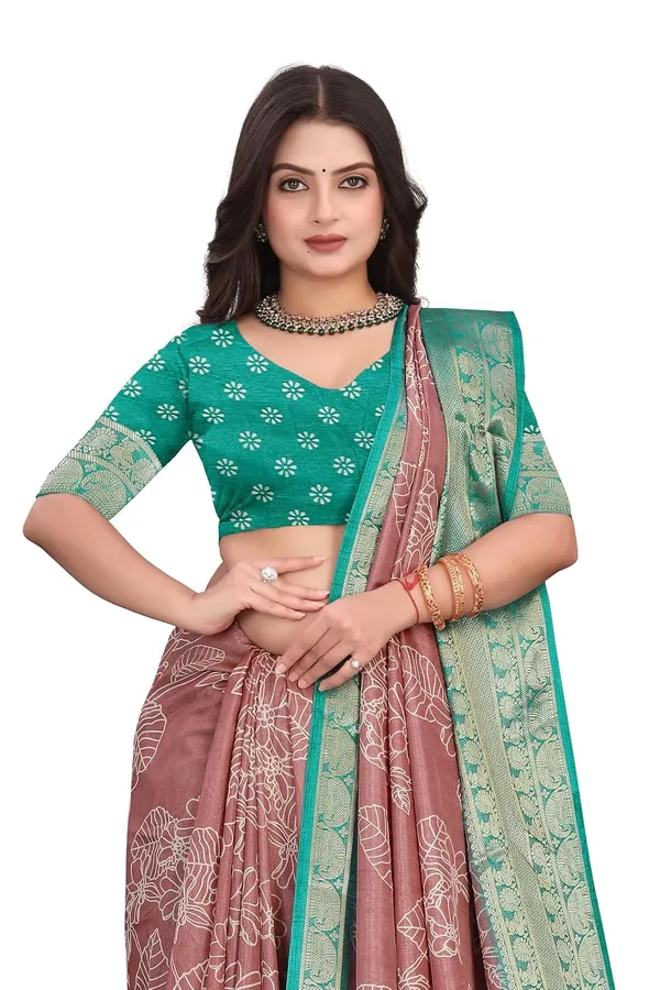 Teal_Green_And_Light_Pink_Dola_Silk_Kalamkari_Print_Saree_For_Women