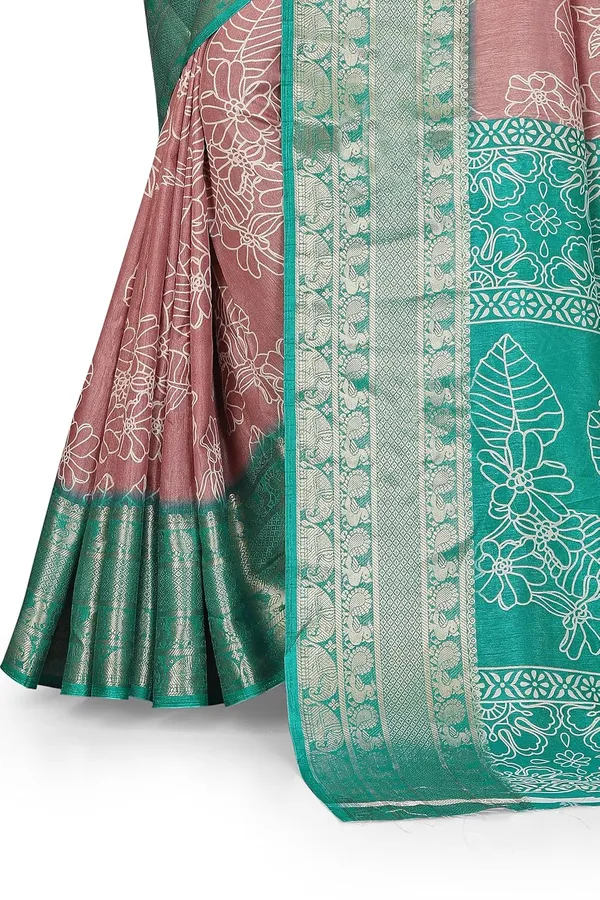 Teal_Green_And_Light_Pink_Dola_Silk_Kalamkari_Print_Saree_For_Women