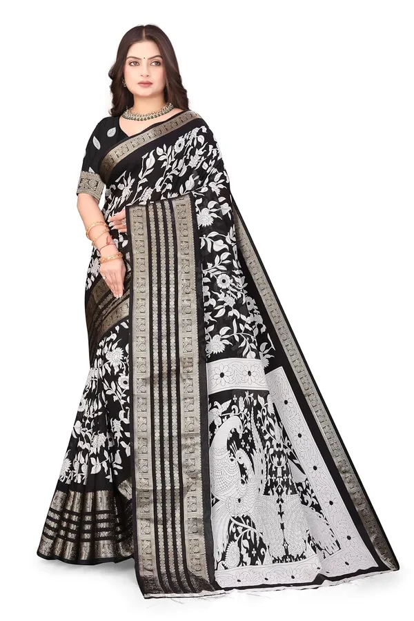 Black_Floral_Dola_Silk_Kalamkari_Print_Saree_For_Women