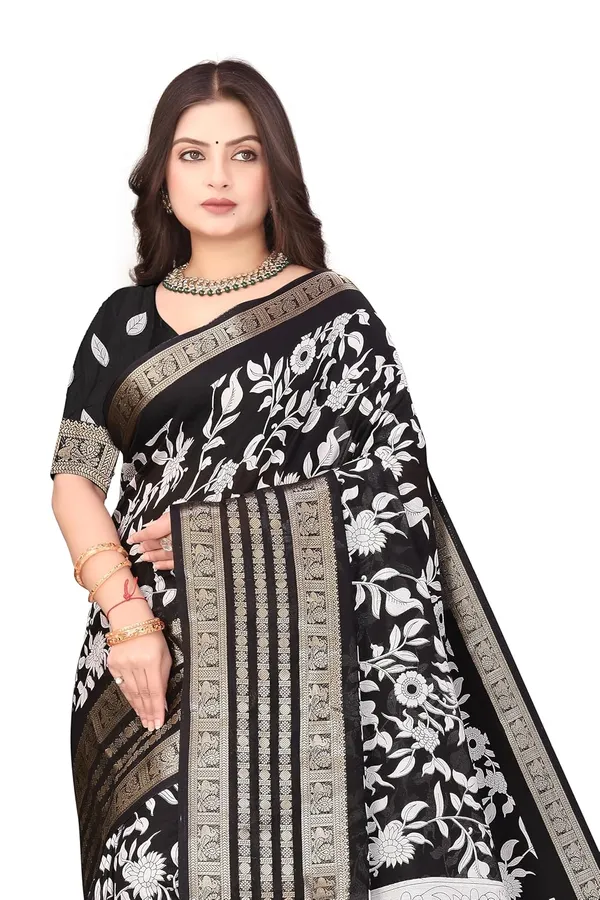 Black_Floral_Dola_Silk_Kalamkari_Print_Saree_For_Women