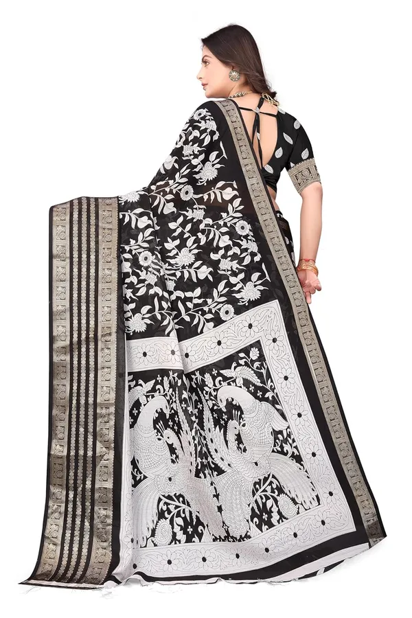 Black_Floral_Dola_Silk_Kalamkari_Print_Saree_For_Women