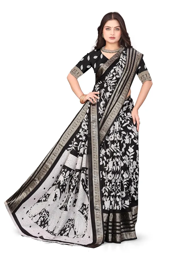 Black_Floral_Dola_Silk_Kalamkari_Print_Saree_For_Women