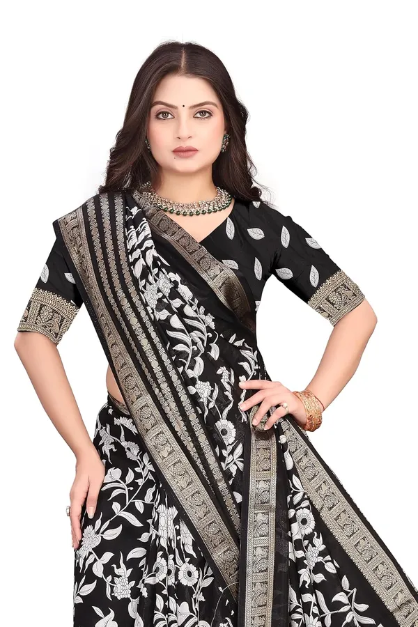 Black_Floral_Dola_Silk_Kalamkari_Print_Saree_For_Women