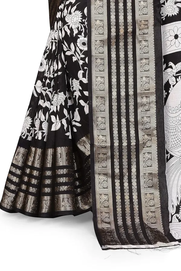 Black_Floral_Dola_Silk_Kalamkari_Print_Saree_For_Women