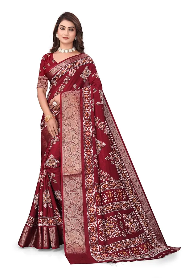 Maroon_Dola_Silk_Kalamkari_Print_Saree_For_Women