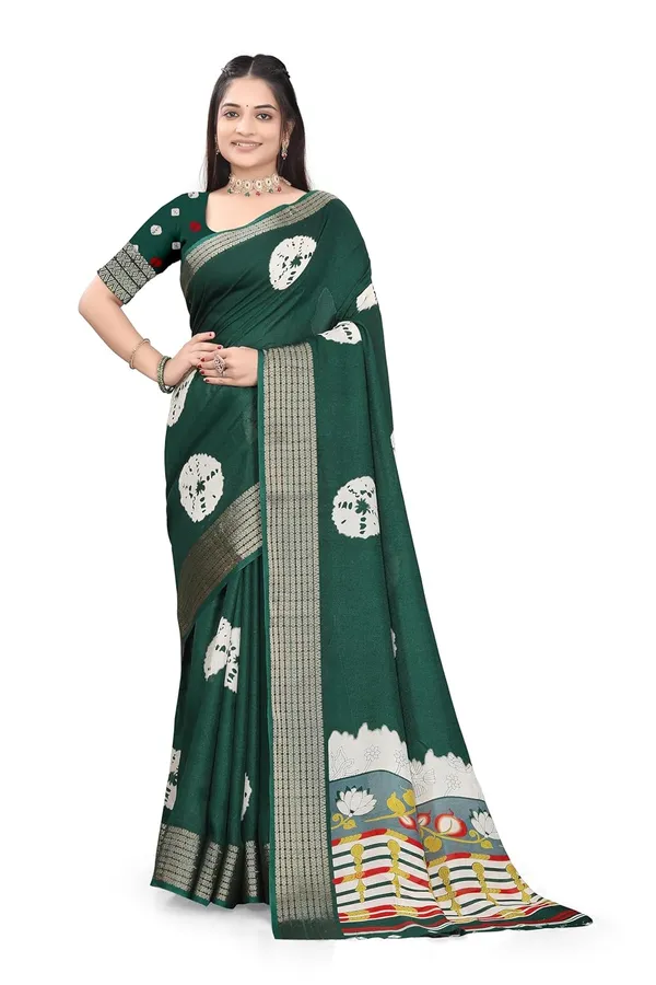 Bottle_Green_Dola_Silk_Kalamkari_Print_Saree_For_Women