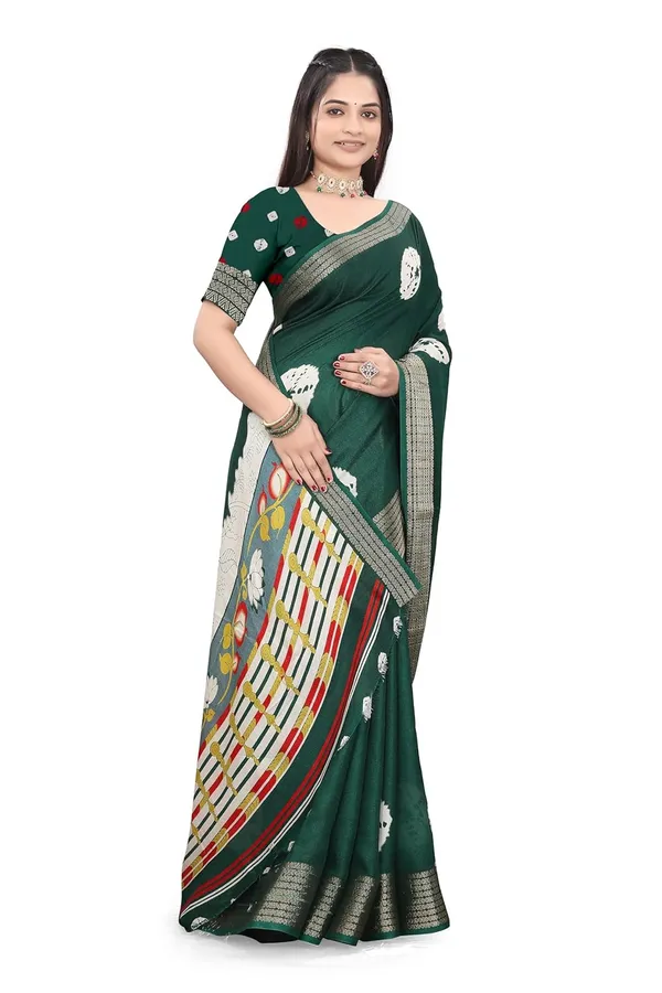 Bottle_Green_Dola_Silk_Kalamkari_Print_Saree_For_Women