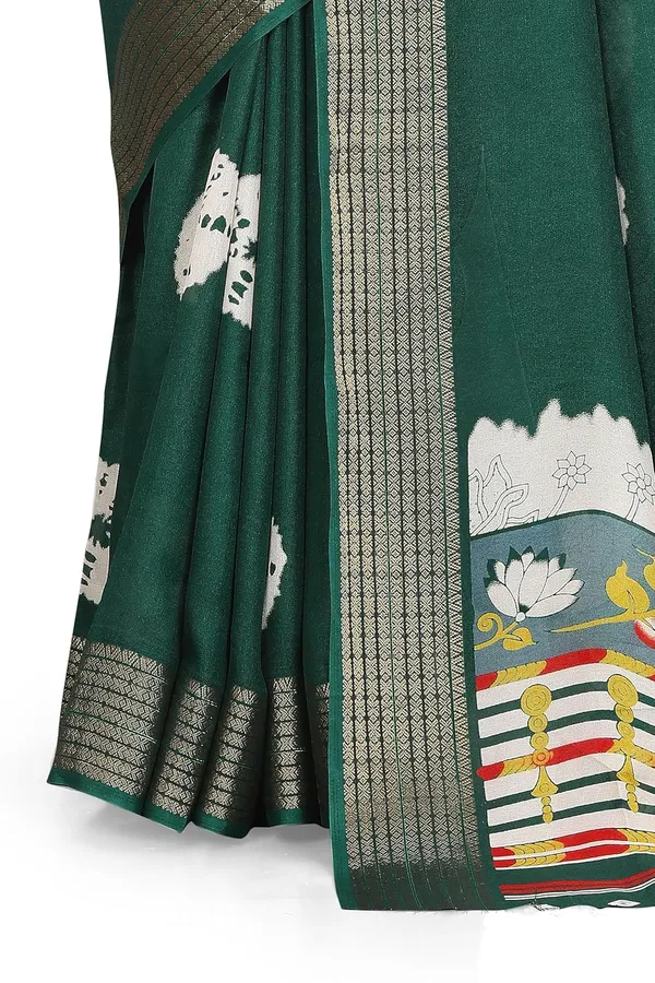 Bottle_Green_Dola_Silk_Kalamkari_Print_Saree_For_Women
