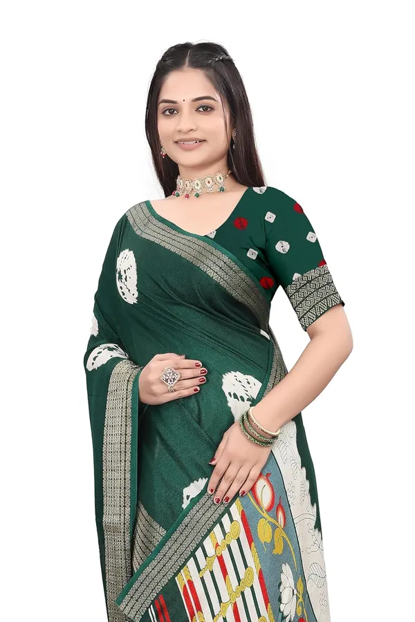 Bottle_Green_Dola_Silk_Kalamkari_Print_Saree_For_Women
