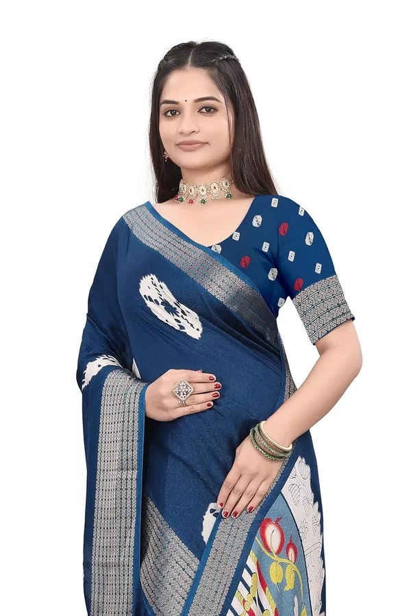 Navy_Blue_Dola_Silk_Kalamkari_Print_Saree_For_Women