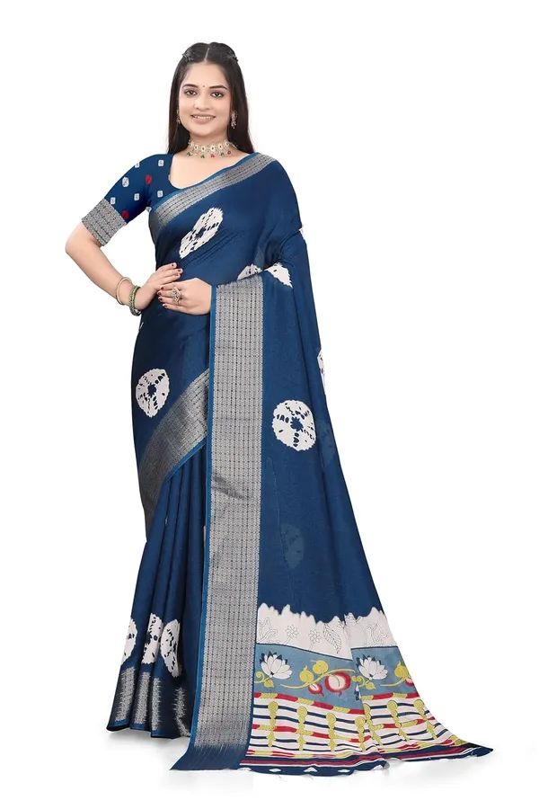 Navy_Blue_Dola_Silk_Kalamkari_Print_Saree_For_Women