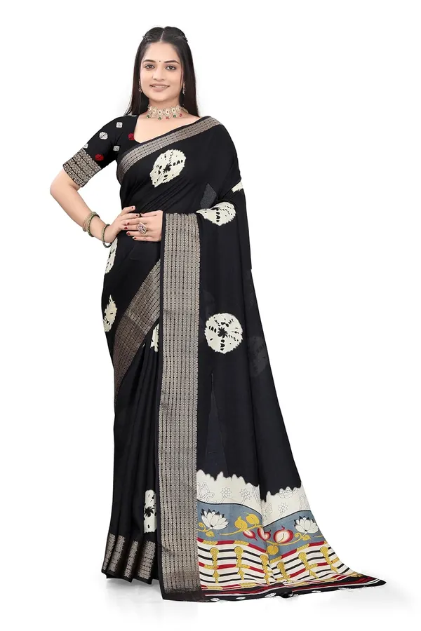 Black_Dola_Silk_Kalamkari_Print_Saree_For_Women