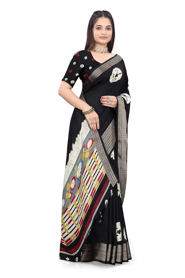 Black_Dola_Silk_Kalamkari_Print_Saree_For_Women