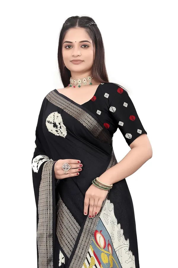 Black_Dola_Silk_Kalamkari_Print_Saree_For_Women