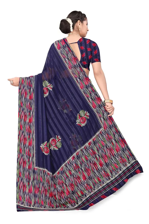 Navy_Blue_Georgette_Floral_Print_Saree_For_Women