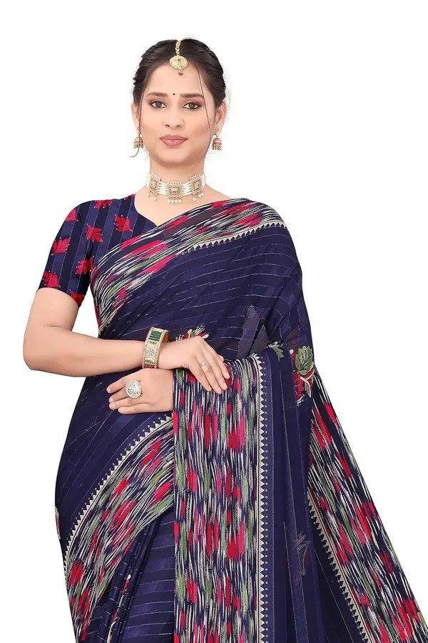 Navy_Blue_Georgette_Floral_Print_Saree_For_Women