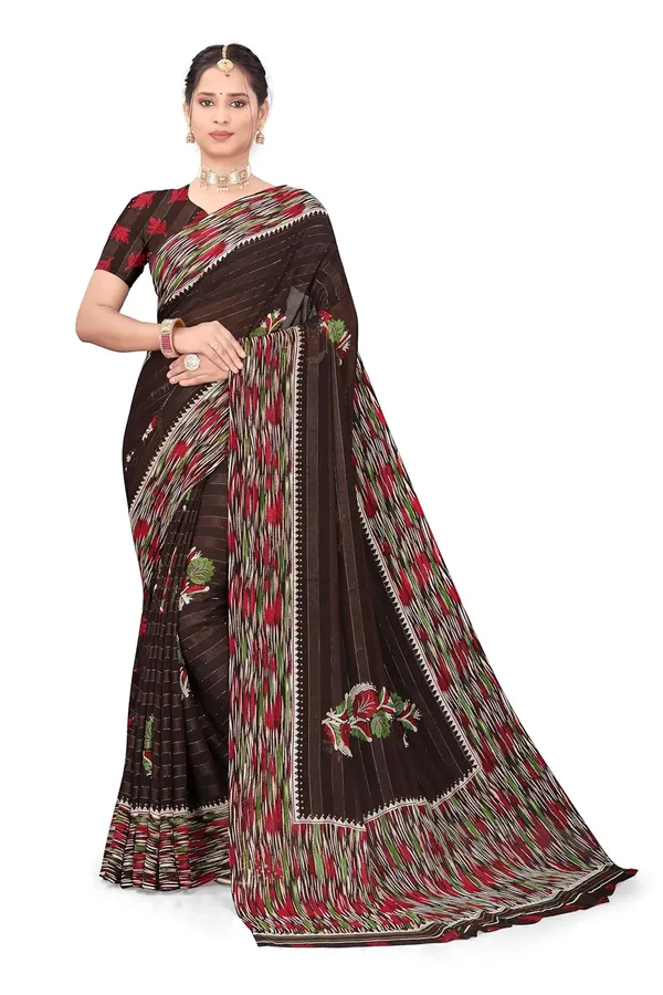 Brown_Georgette_Floral_Print_Saree_For_Women