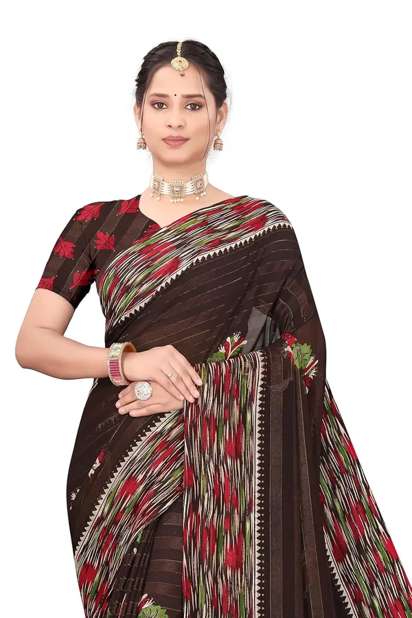 Brown_Georgette_Floral_Print_Saree_For_Women