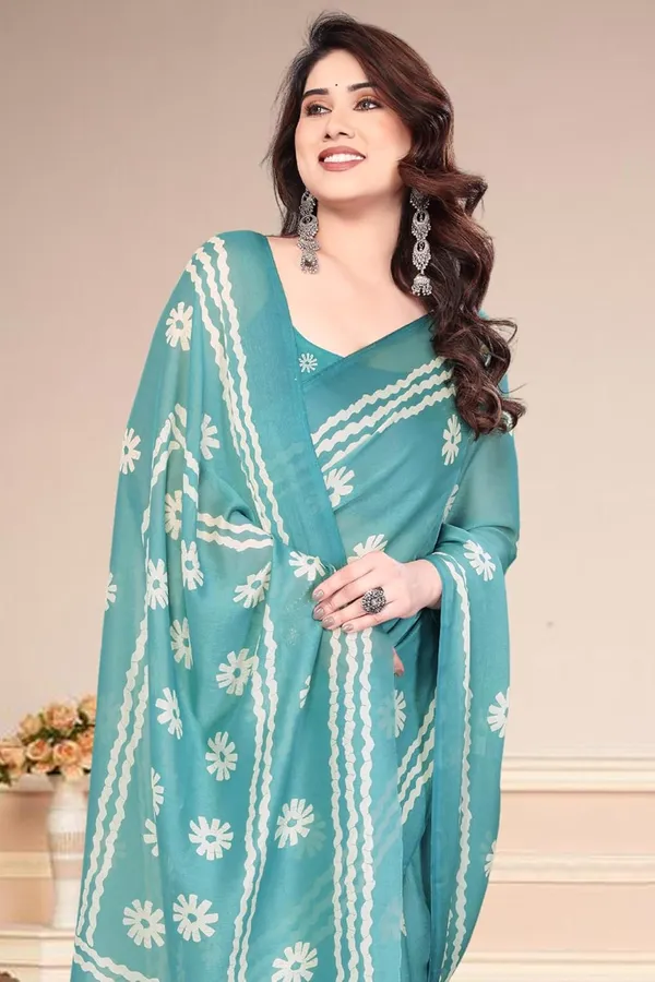 Turquoise_Polyester_Printed_Chiffon_Saree_For_Women