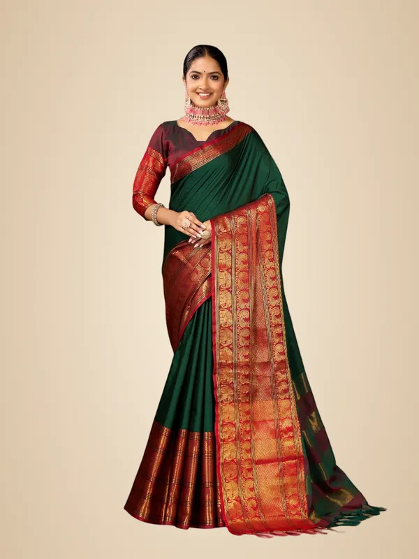 Bottle_Green_Cotton_Silk_Kasavu_Cotton_Silk_Saree_For_Women