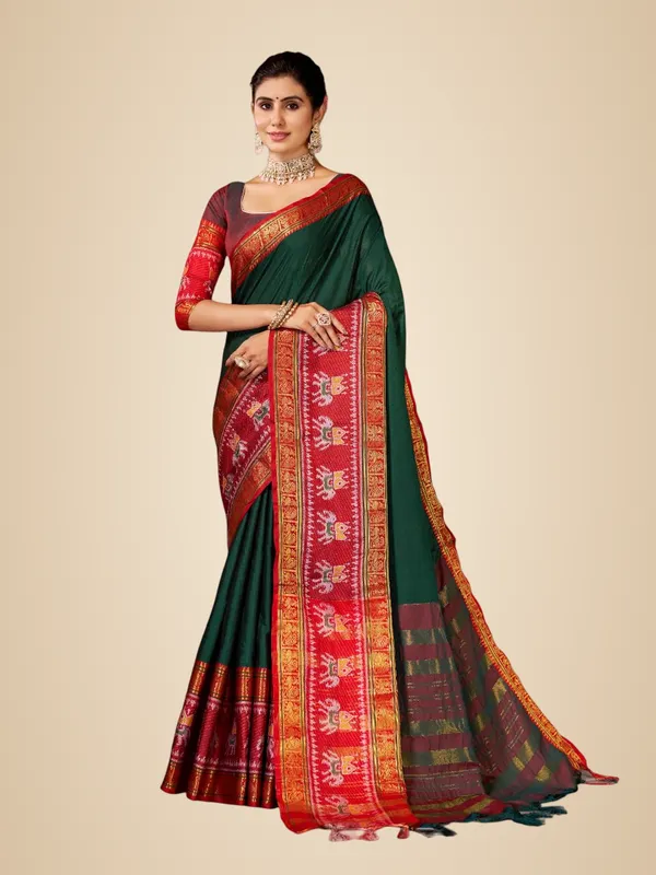 Bottle_Green_Cotton_Blend_Pochampally_Cotton_Saree_For_Women
