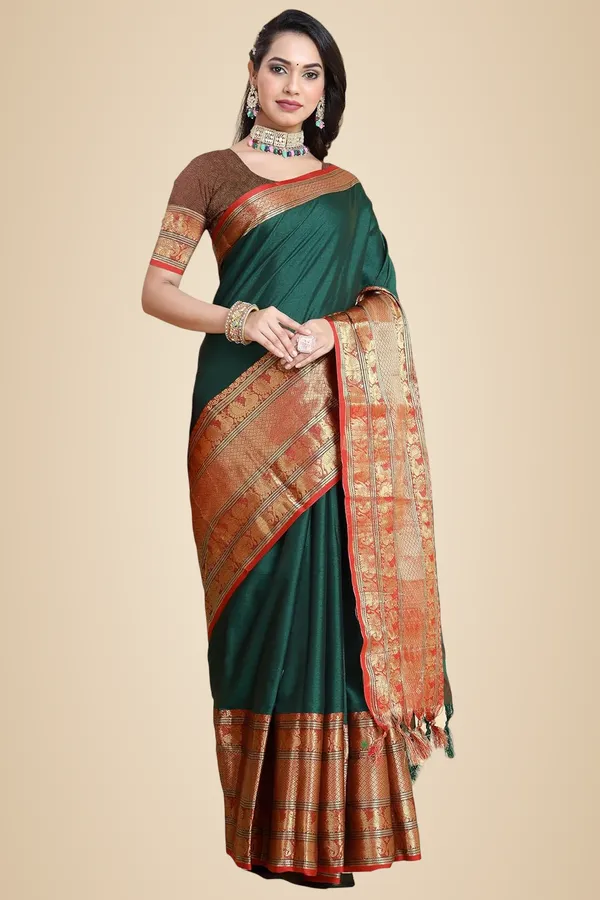 Bottle_Green_Cotton_Silk_Printed_Chiffon_Saree_For_Women