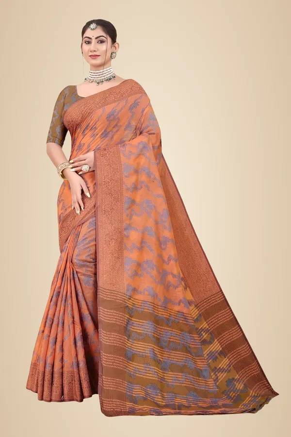 Brown_Cotton_Printed_Chiffon_Saree_For_Women
