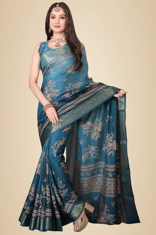 Turquoise_Silk_Blend_Printed_Dola_Silk_Saree_For_Women
