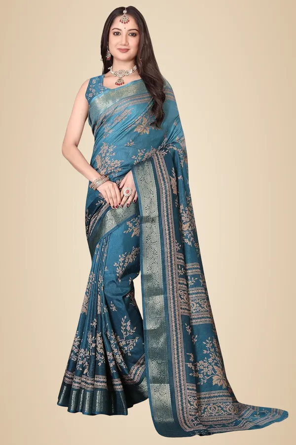 Turquoise_Silk_Blend_Printed_Dola_Silk_Saree_For_Women