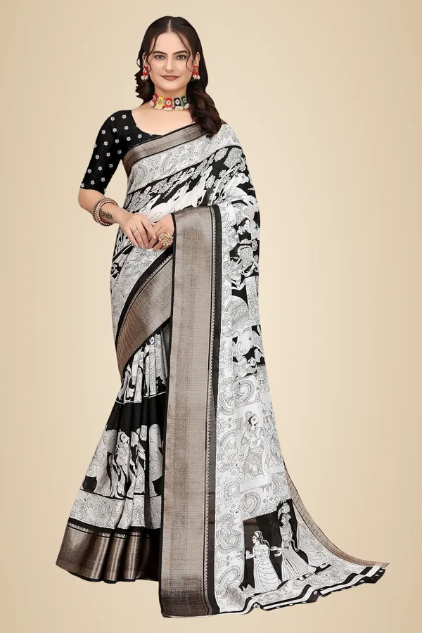 Black_And_White_Silk_Blend_Printed_Dola_Silk_Saree_For_Women