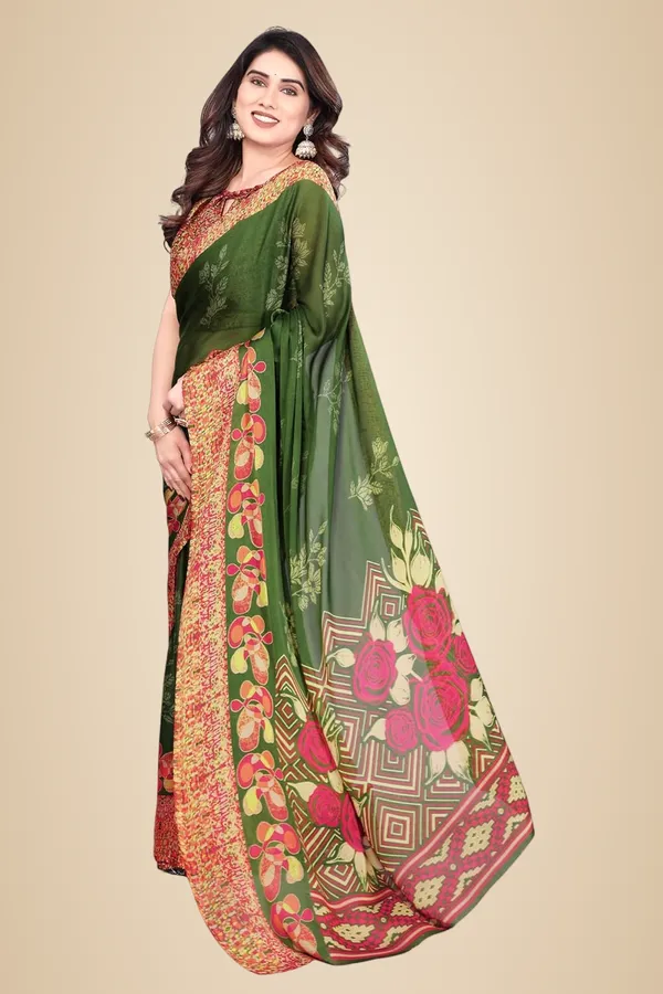 Green_Polyester_Chiffon_Georgette_Saree_For_Women