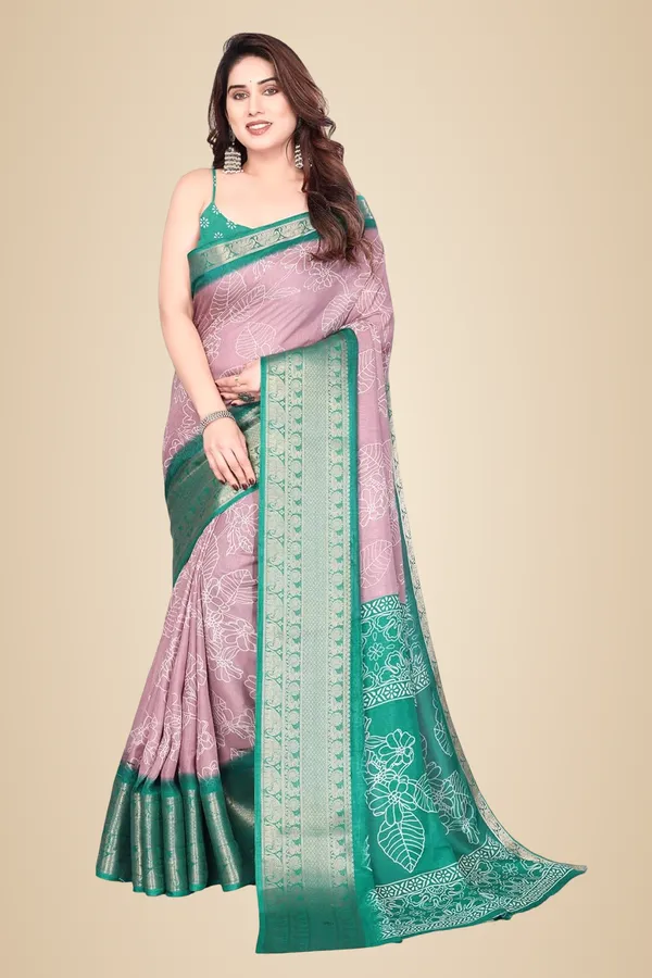 Dusty_Pink_And_Teal_Green_Cotton_Blend_Printed_Dola_Silk_Saree_For_Women