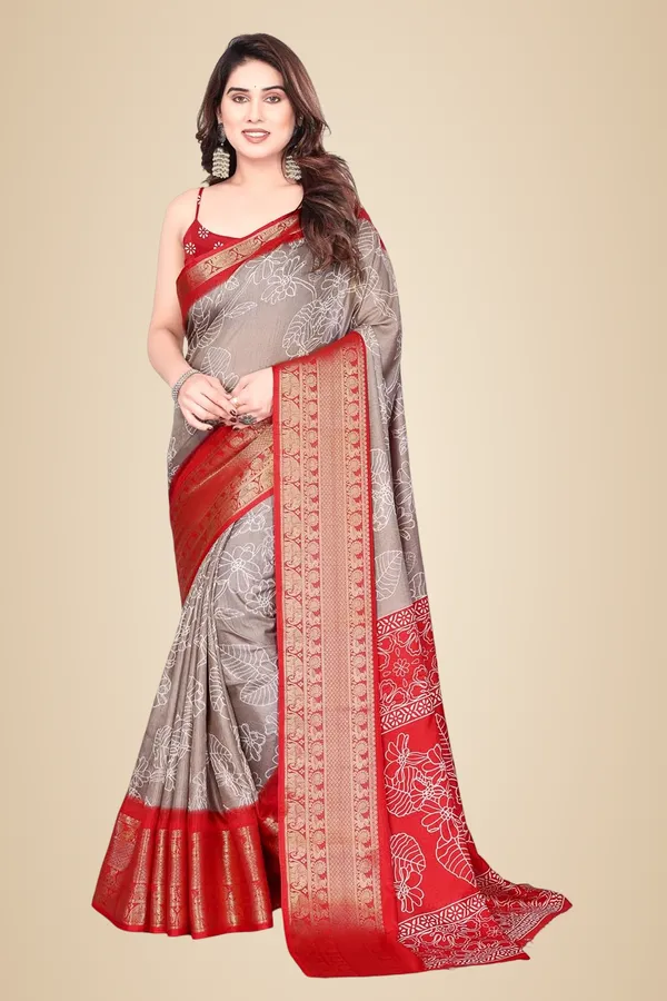 Beige_And_Red_Cotton_Blend_Printed_Dola_Silk_Saree_For_Women