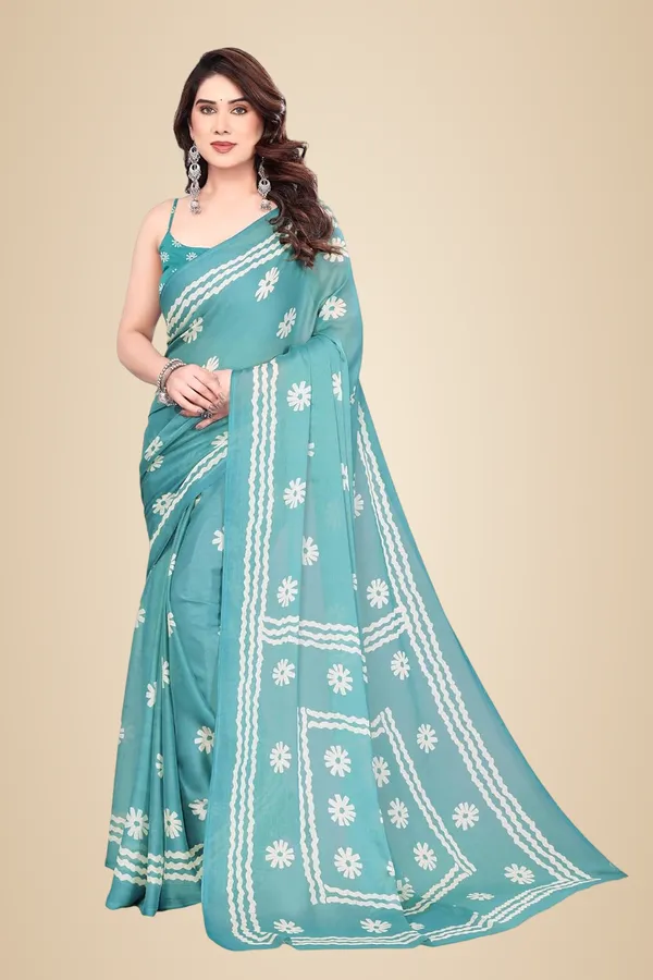 Turquoise_Blue_Polyester_Plain_Chiffon_Saree_For_Women