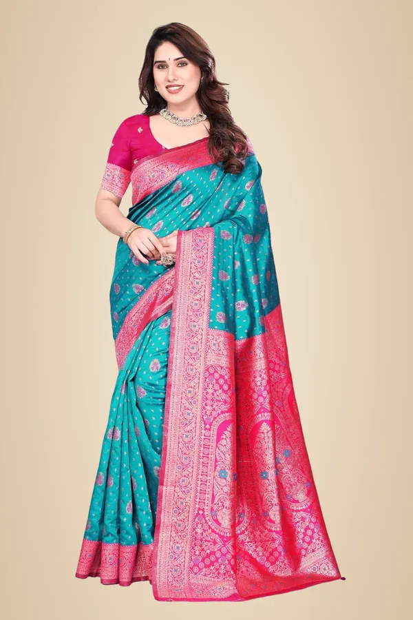 Turquoise_Silk_Banarasi_Silk_Saree_For_Women