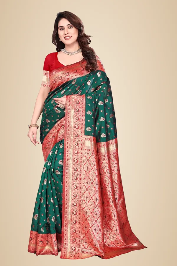 Dark_Green_Silk_Zari_Chiffon_Saree_For_Women