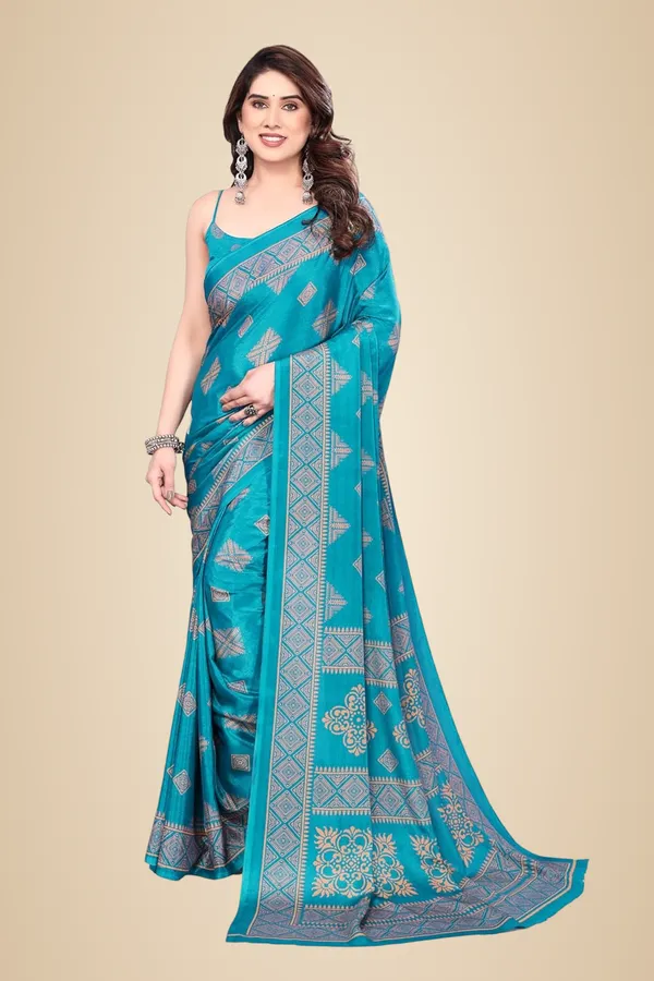 Turquoise_Blue_Polyester_Printed_Chiffon_Saree_For_Women