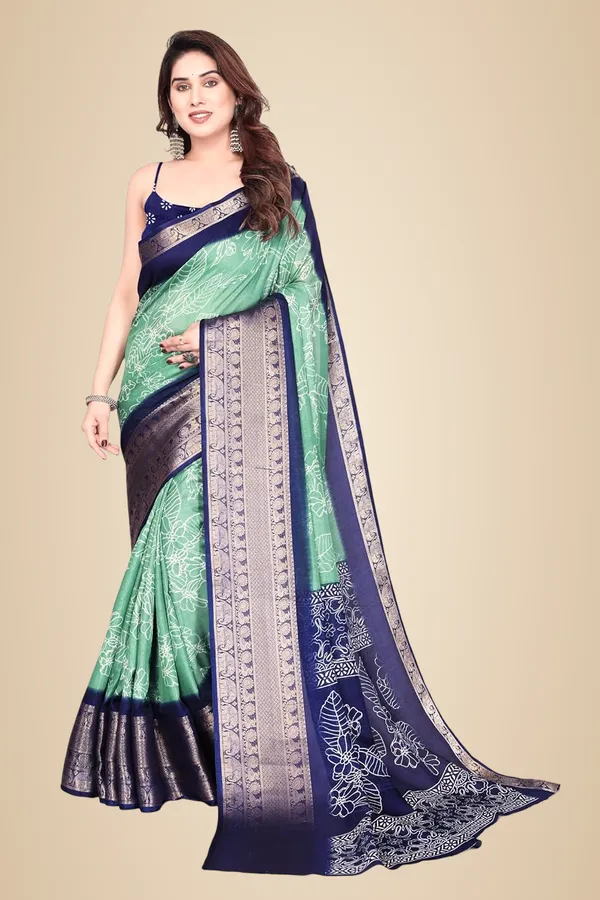 Sea_Green_And_Navy_Blue_Art_Silk_Printed_Chiffon_Saree_For_Women