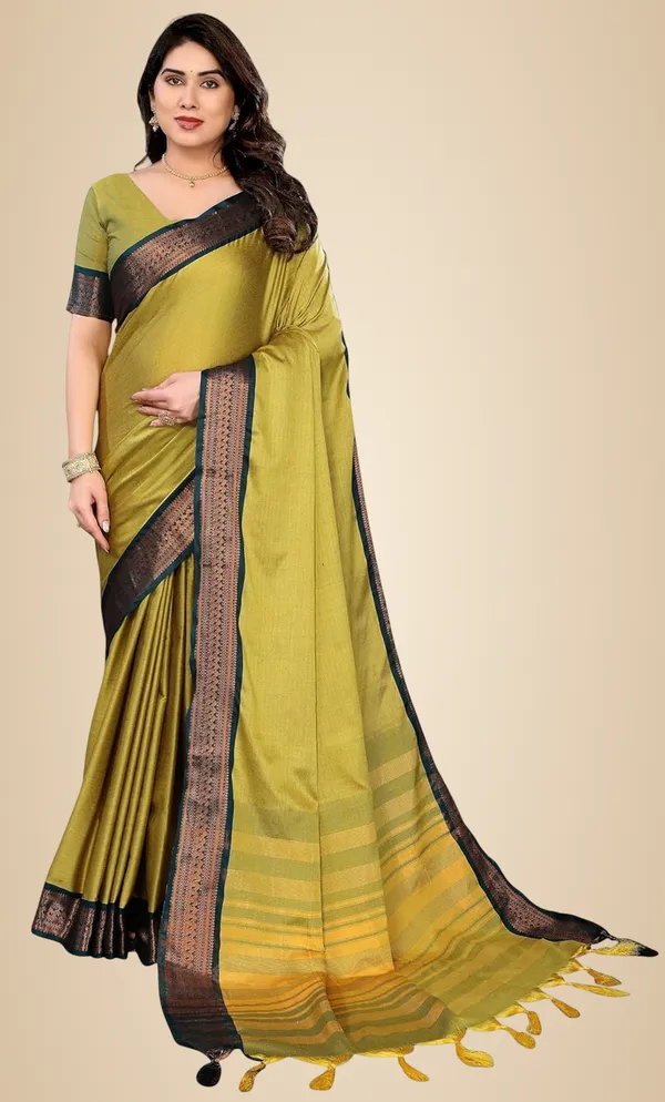 Olive_Green_Cotton_Blend_Printed_Dola_Silk_Saree_For_Women