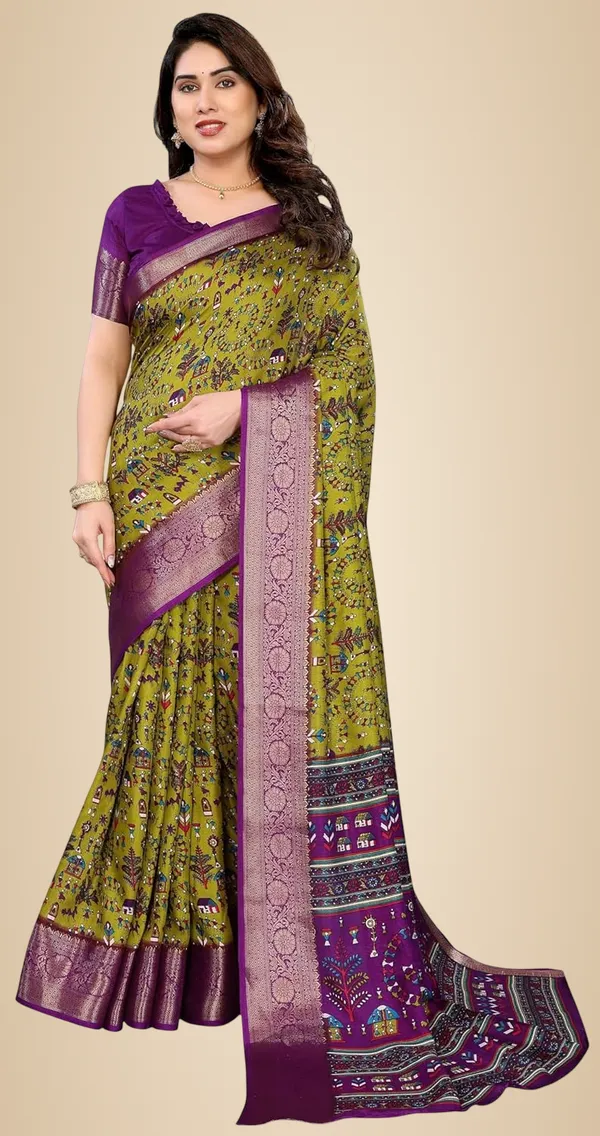 Mehendi_Green_Cotton_Blend_Printed_Dola_Silk_Saree_For_Women