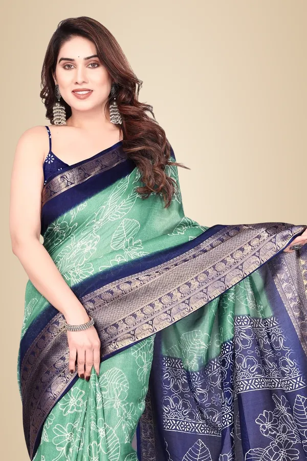 Sea_Green_And_Navy_Blue_Silk_Printed_Dola_Silk_Saree_For_Women