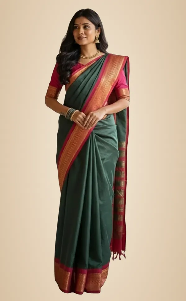 Dark_Green_Cotton_Blend_Printed_Dola_Silk_Saree_For_Women