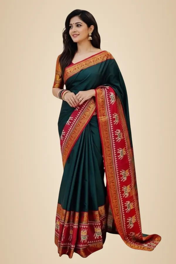 Bottle_Green_Cotton_Blend_Kanjivaram_Silk_Saree_For_Women