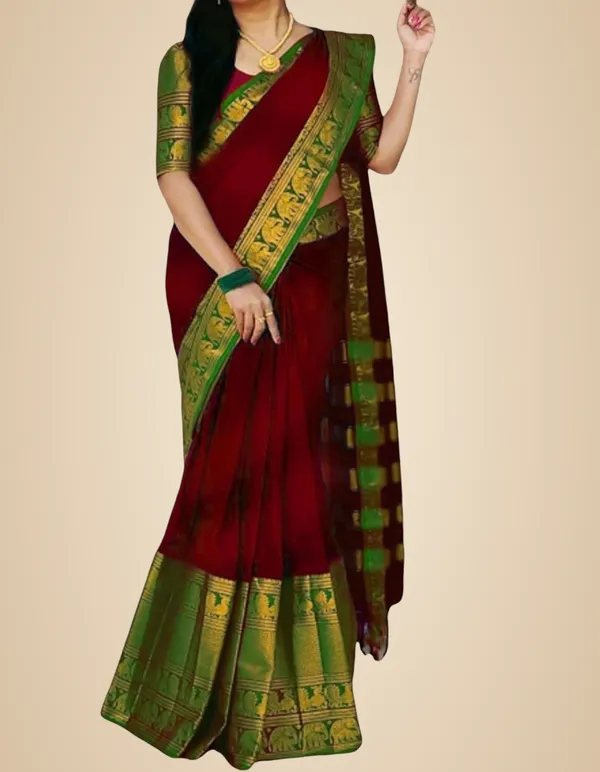 Maroon_Green_Cotton_Blend_Kanjivaram_Cotton_Silk_Saree_For_Women