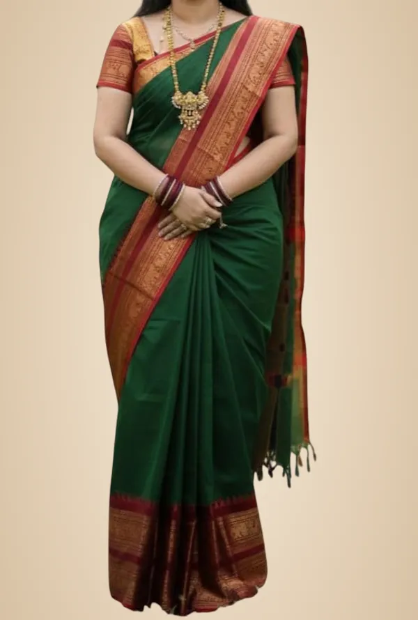 Dark_Green_Cotton_Blend_Narayanpet_Cotton_Silk_Saree_For_Women