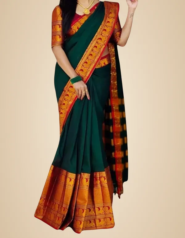 Dark_Green_Cotton_Blend_Narayanpet_Cotton_Silk_Saree_For_Women