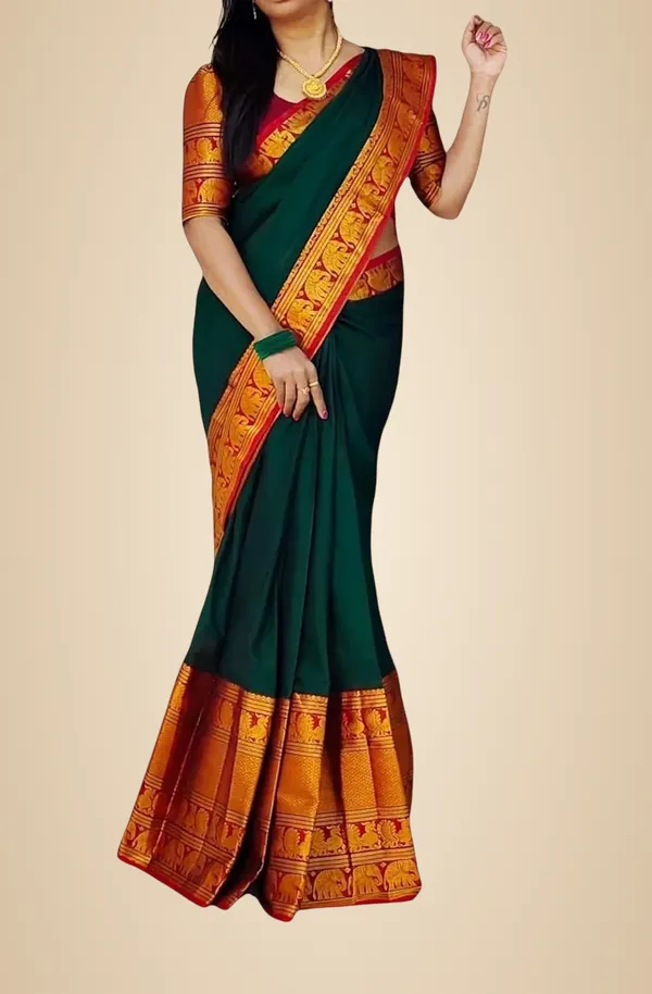 Dark_Green_Cotton_Blend_Kanjivaram_Silk_Saree_For_Women
