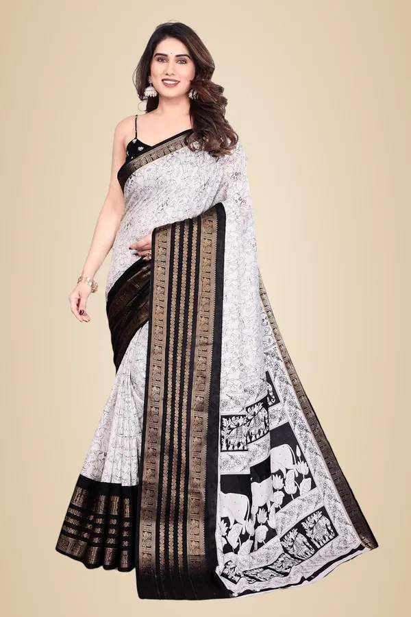 White_Cotton_Blend_Printed_Dola_Silk_Saree_For_Women