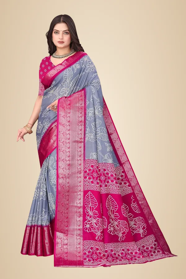 Grey_And_Pink_Dola_Silk_Kalamkari_Print_Saree_For_Women