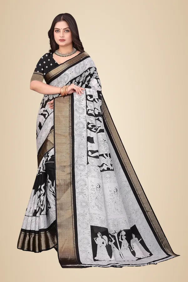 Grey_And_Black_Haathi_Dola_Silk_Kalamkari_Print_Saree_For_Women